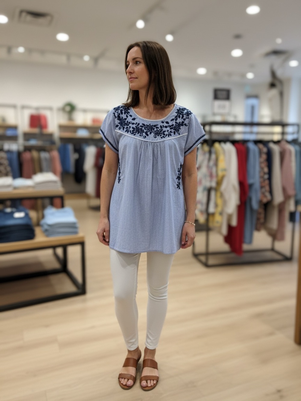 Light Blue Women’s Embroidered Tunic Dress with Navy Floral Detail, Size Medium